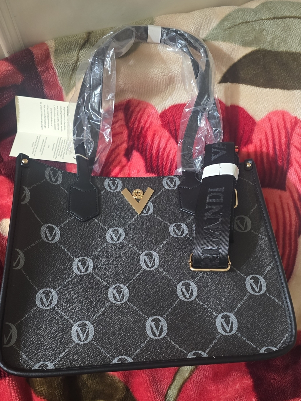 Valentino Orlandi Black Monogram Tote with Gold V Hardware
